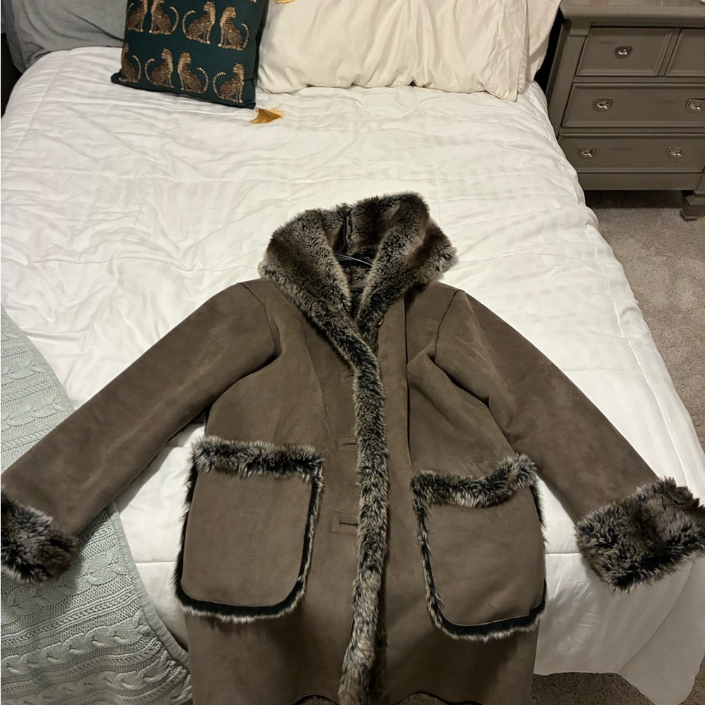 Women's Faux Fur Trimmed Suede Coat